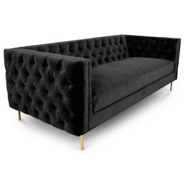 ভালো দাম Black velvet fabric button tufted 3 seat sofa with 4 golden brass metal leg for wedding,living room rental sofa অনলাইন