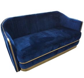 ভালো দাম Hot sale luxuty blue velvet gold metal base fabric chesterfield sofa with gold neilheads for living room or meeting room অনলাইন