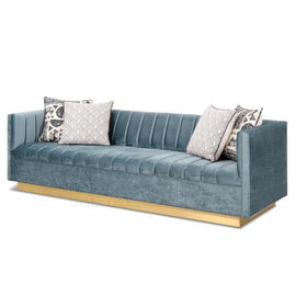 ভালো দাম Modern Living Room Blue Velvet Fabric Sofa Stainless Steel Golden Brushed Manhattan Sofa With Wide Channel Tufting with অনলাইন