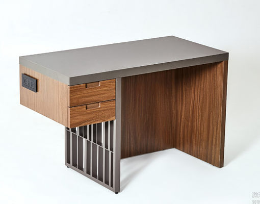 ভালো দাম Luxury HPL Laminate Metal Frame Hotel Writing Desk With 2 Drawers And Power অনলাইন